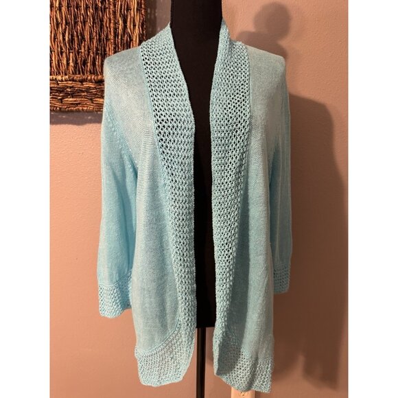 Chicos 3 Open Knit Cardigan Sweater Turquoise Blue Linen Shawl Collar Open Front - Picture 2 of 9